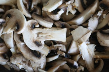 Fresh champignons mushroom in a white bowl on table ,