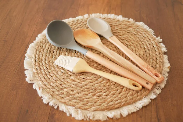 Wooden Cutlery Fork Spoon Chopping Board Table — Fotografia de Stock