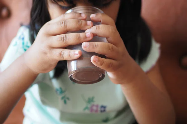 Child Girl Drinking Milk While Sited Year Old — Stock Photo, Image