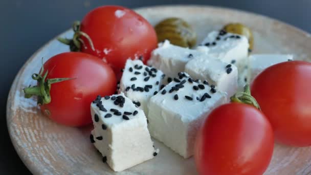 Greek Feta Cubes Tomato Diced Soft Cheese Plate — Video Stock