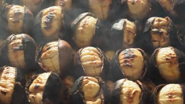 Traditioneel Istanbul Straat Eten Gegrilde Kastanjes Een Rij — Stockvideo