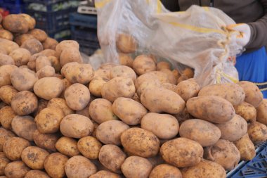 Bir kasedeki çiğ patatesi yakın çekim. ,