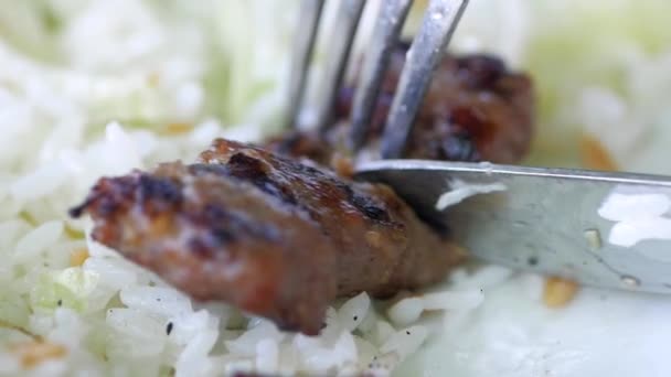 Schneiden Von Gegrilltem Gourmetfleisch Mit Messer — Stockvideo