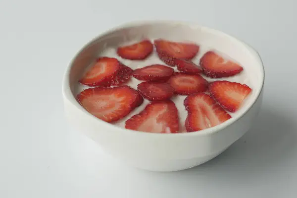 Close Fresh Yogurt Strawberry Bowl — Stock Photo, Image