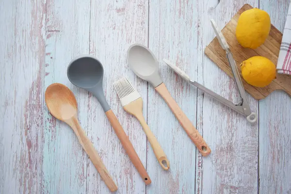 Wooden Cutlery Fork Spoon Chopping Board Table —  Fotos de Stock