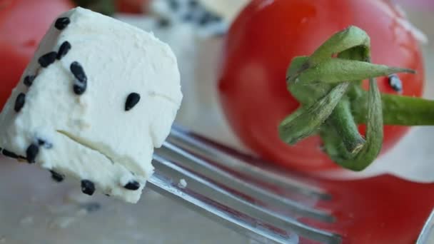 Greek Feta Cubes Tomato Diced Soft Cheese Plate — Stockvideo