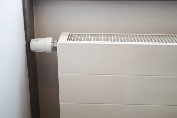 White Radiator Grey White Wall Apartment Heating Installation System — Stock Photo, Image