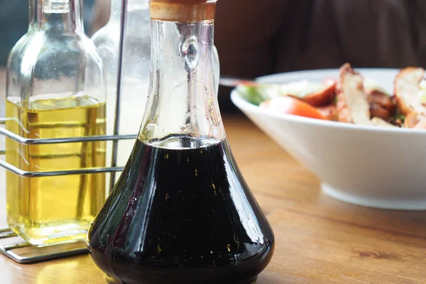 Bottle Olive Oil Lemon Soya Sauce Table — Stock Photo, Image
