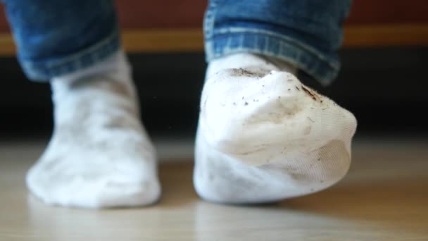 Men Feet Dirty Socks While Sitting Sofa — Stock Video