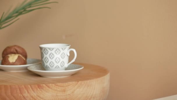 White Ceramic Tea Cup Biscuits Table — Stock Video