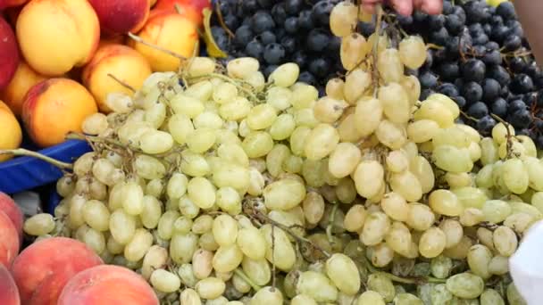 Kobiety Wybierają Owoce Winogron Supermarkecie — Wideo stockowe