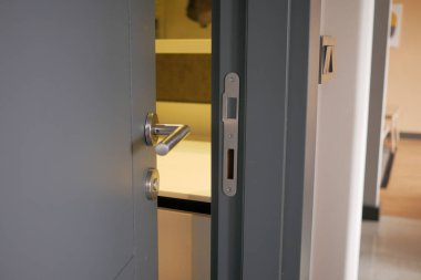  Gri banyo kapısı hafifçe açık 