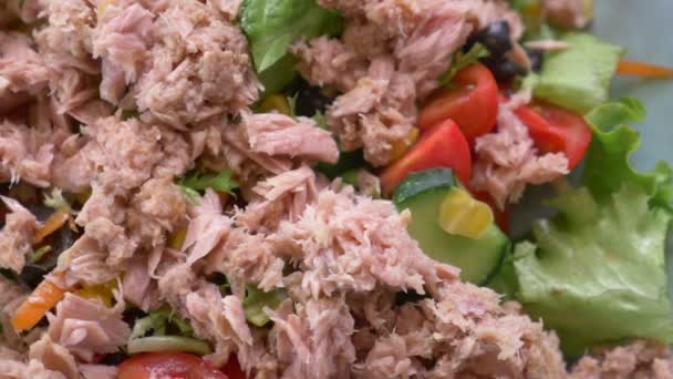 Spoon Pick Tuna Salad Bowl Table — Vídeo de stock