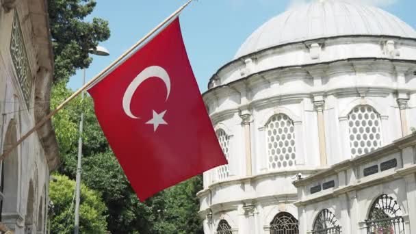 背景のトルコの旗とモスクの低角度ビュー — ストック動画