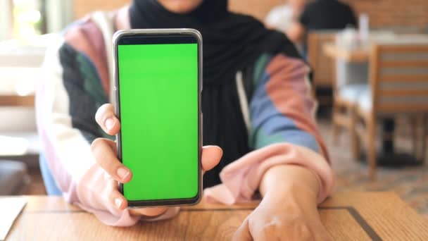 Mão Mulheres Usando Telefone Inteligente Com Tela Verde Café — Vídeo de Stock