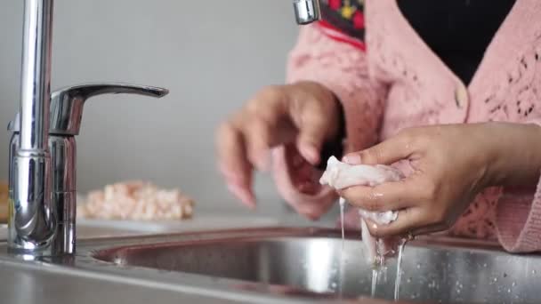 Weibliche Hände Waschen Und Putzen Hühnerbrust — Stockvideo