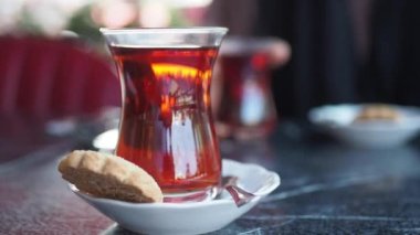 Traditional turkish tea on white table 