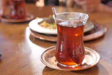 Traditional turkish tea on white table 
