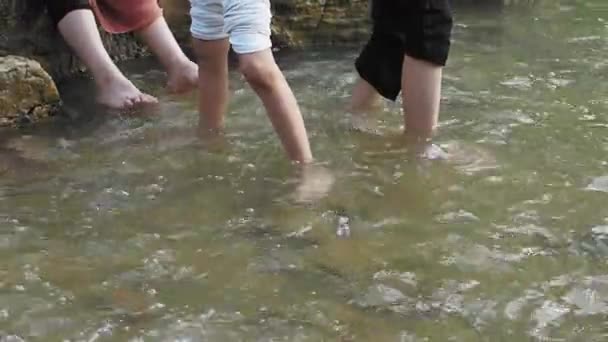 赤脚的孩子们从瀑布中小心翼翼地穿过一条小河 — 图库视频影像