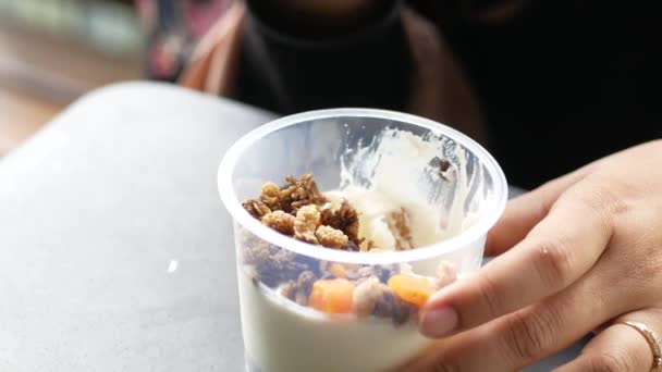 Spoon Pick Breakfast Cereal Plastic Container Outdoor — Stock Video
