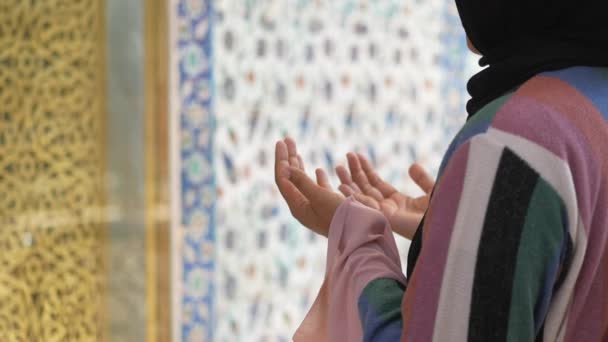 Jovem Muçulmana Hijab Está Orando Mesquita — Vídeo de Stock