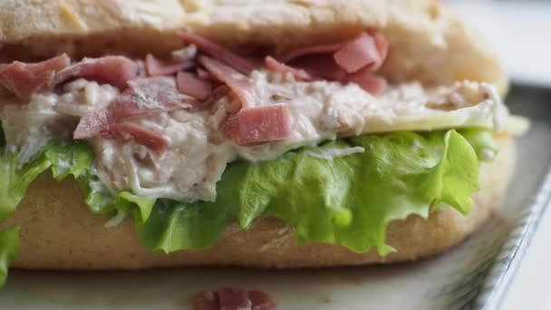 Sandwich Con Salami Pollo Ahumado — Vídeos de Stock