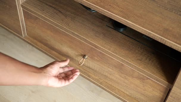 Mans Hand Open Drawer Wooden Cabinet — Stock Video