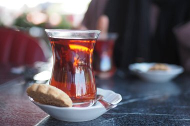 Traditional turkish tea on white table 