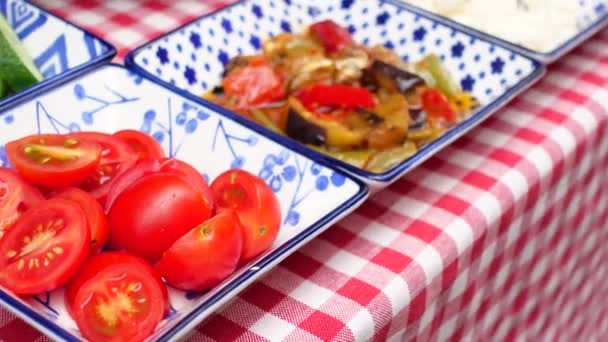 Closeup Cherry Tomato Slices Table — Stock Video