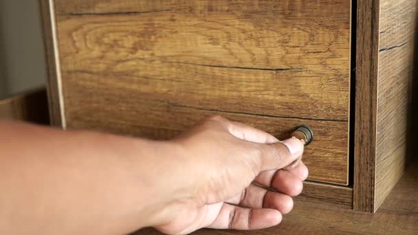 Man Hand Open Drawer Wooden Cabinet — стоковое видео