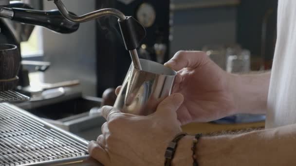 Coffee Machine Frothing Milk Baristas Hands Hold Jug Milk — Stock Video