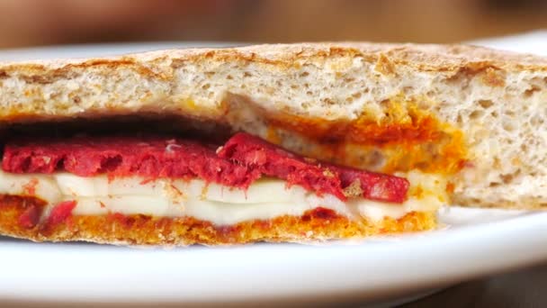 Шматочок Курячого Бутерброду Тарілці Крупним Планом — стокове відео
