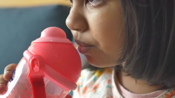 Criança Menina Beber Água Sentado Sofá — Vídeo de Stock