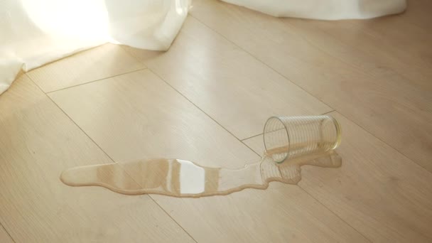 Waterproof Flooring Spilled Water Drops Wooden Laminate Floor — Stock Video
