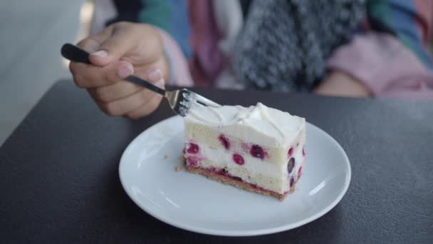 Hand Takes Fork Fresh Baked Cake Jam — Stock Video