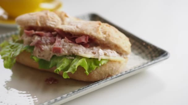 Sandwich Con Salami Pollo Ahumado — Vídeos de Stock