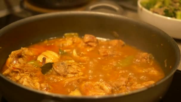 在锅里煮咖喱鸡 — 图库视频影像