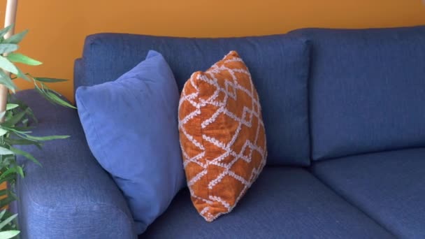 自宅のリビング ルームで枕でモダンなソファ — ストック動画