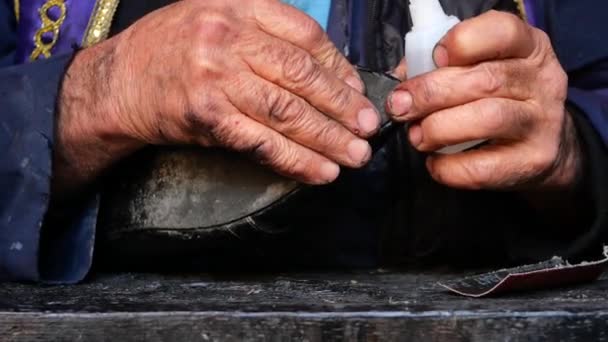 Ένας Τσαγκάρης Χέρια Επιδιόρθωση Ραφή Παπουτσιών Βελόνα — Αρχείο Βίντεο