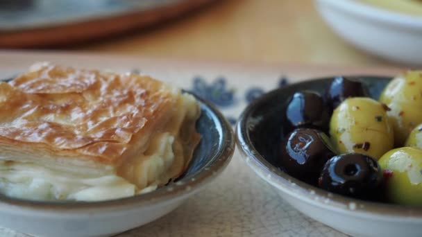 Traditional Turkish Cuisine Pastries Olive Table — Stock Video