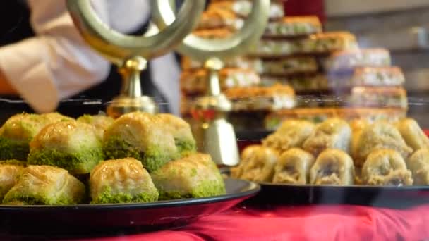 Turkish Dessert Baklava Displaying Shop — Stock Video
