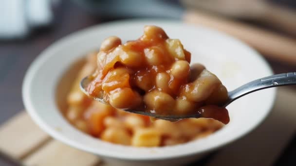 スプーンに保存された缶詰トマト豆 — ストック動画