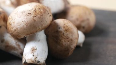Taze şampiyon mantarı doğrama tahtasında .