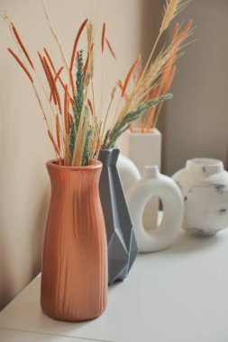 Açık turuncu renkli duvara karşı ev dekorasyonu 