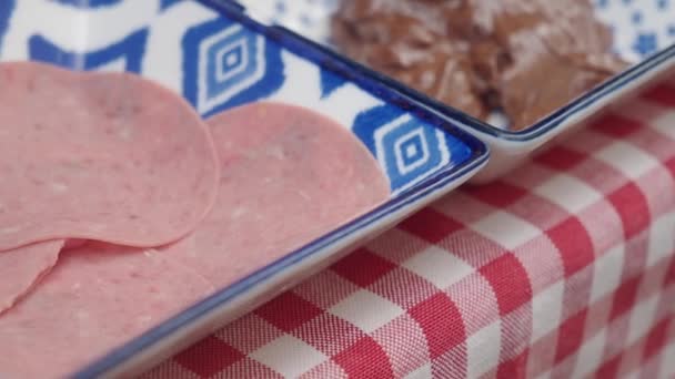 Salami Sausage Cut Thin Pieces — Vídeos de Stock
