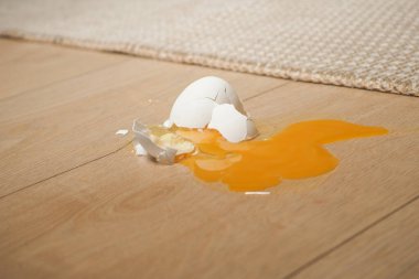 Mutfak zemininde taze kırılmış yumurta..
