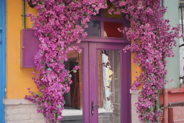 purple wood door texture background with flower ,