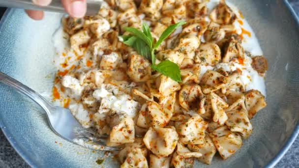 Turkse Traditionele Voedsel Ravioli Gebak Met Naam Manti — Stockvideo