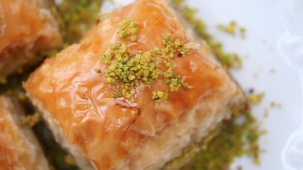Handmade Turkish Dessert Baklava Table — Stock Video