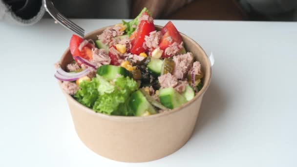 Spoon Pick Tuna Salad Bowl Table — Stock Video